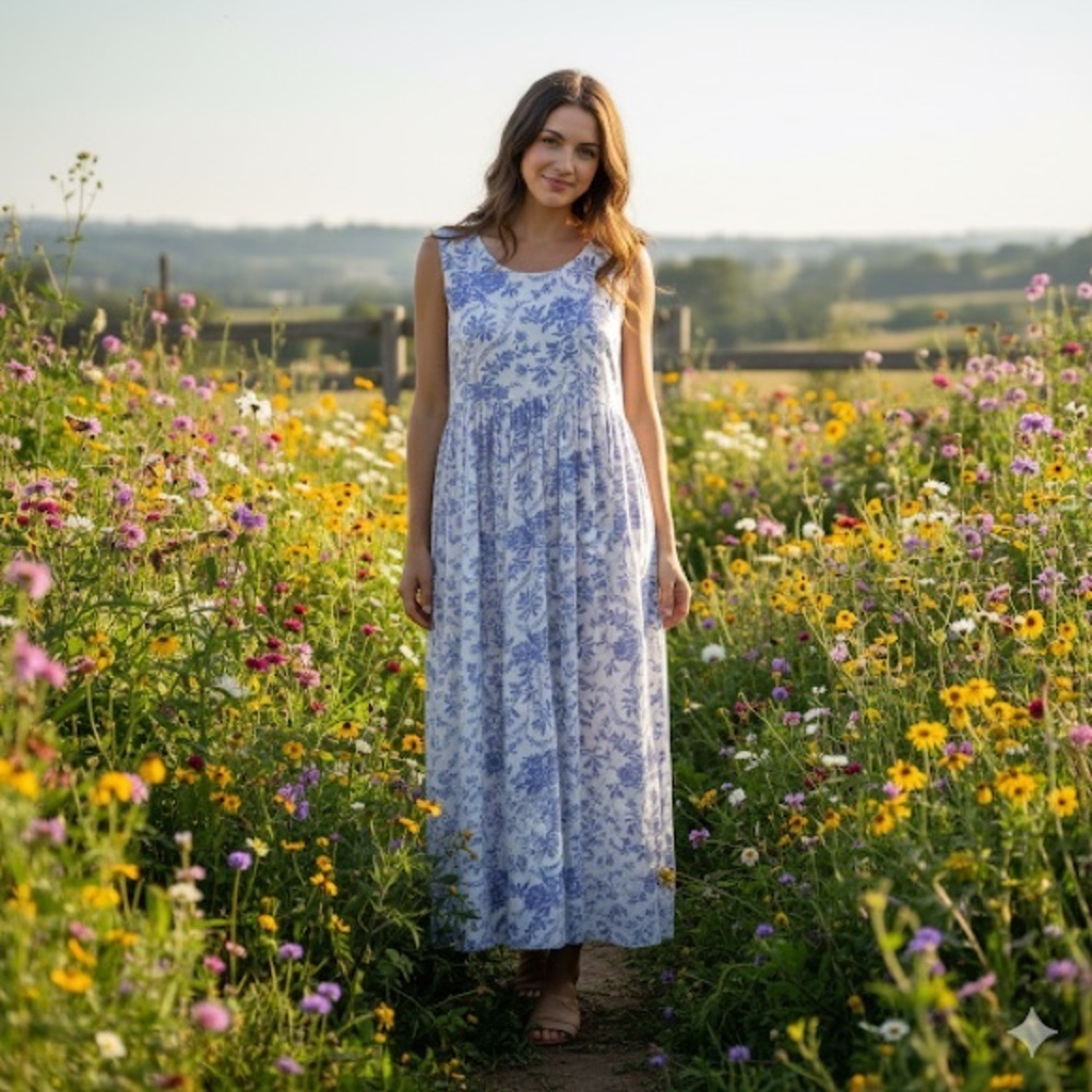 Vintage April Cornell dress French Toile print blue white rayon